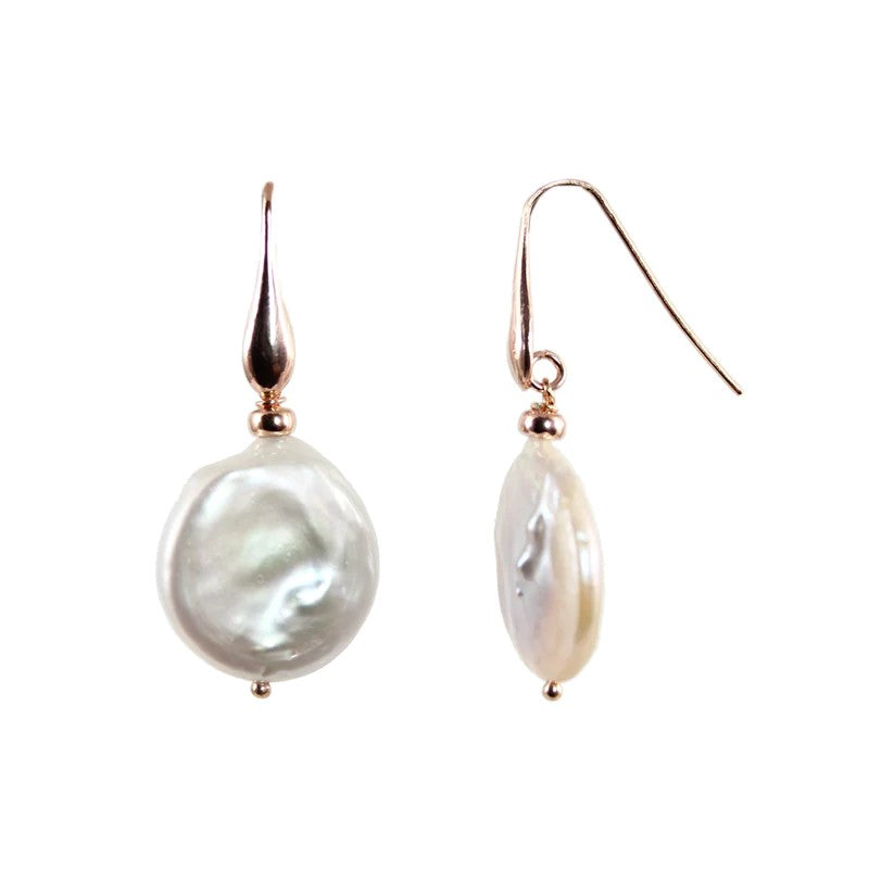 Fresh water coin pearl drop earrings with 18ct rose gold plating