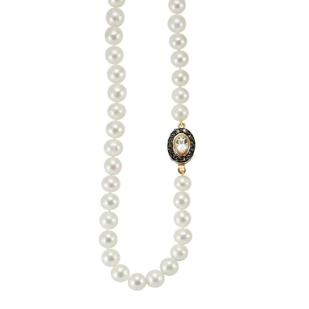 Simply Italian Pearl  Necklace at Cerise.  Features a  Swarovski Crystal clasp with 18ct rose gold plating over sterling silver. The clasp may be worn either front, back or side.  Made from 8 - 9mm pearls and measures 48cm long.  