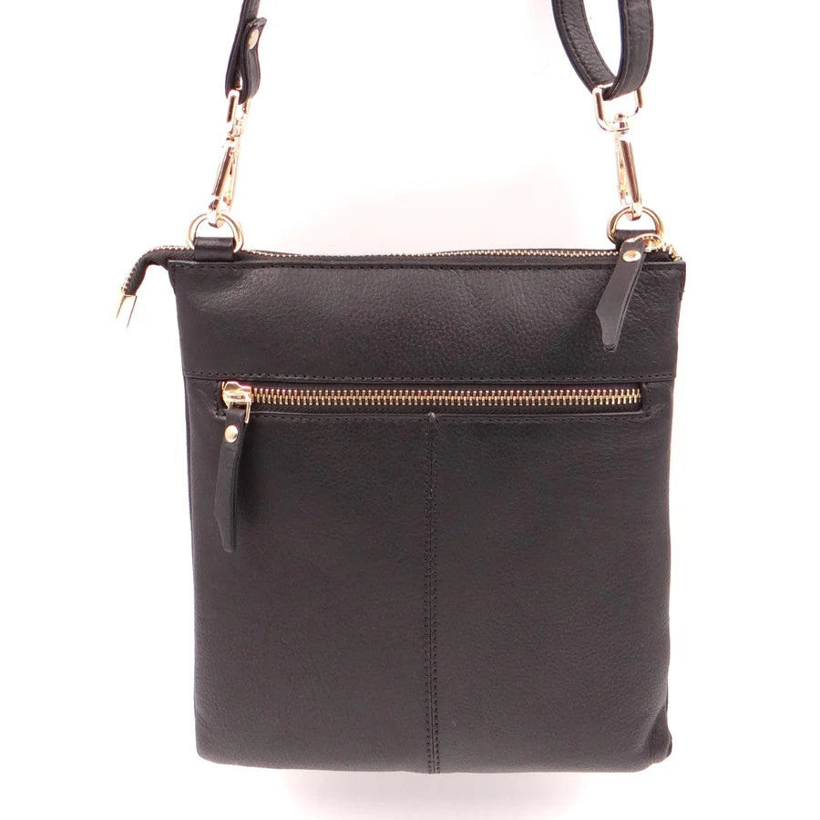 Black crossbody bag with gold zippers on a white background