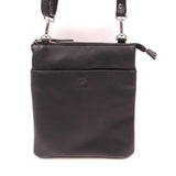 Black leather crossbody bag with a strap on a white background