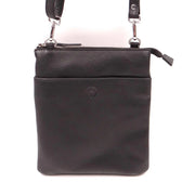 Black leather crossbody bag with a strap on a white background