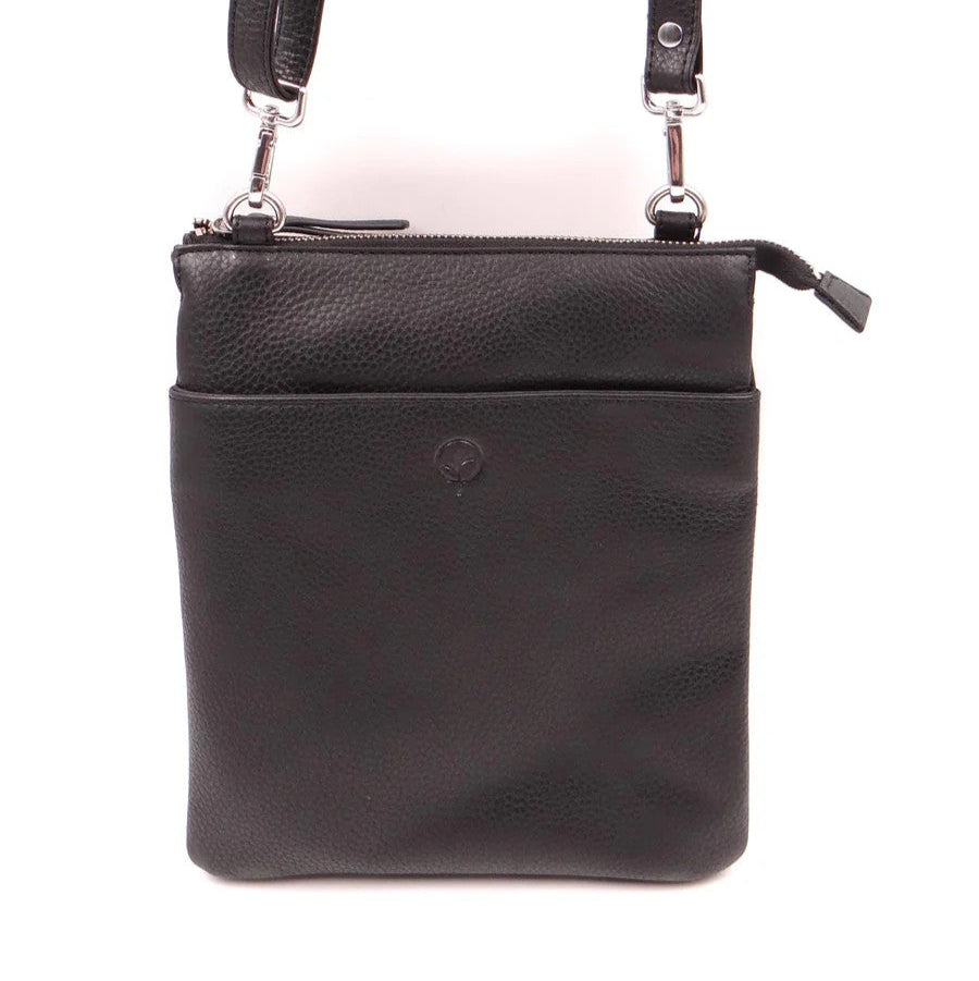 Black leather crossbody bag with a strap on a white background