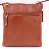 tan leather crossbody bag on a white background