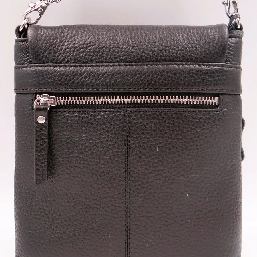 Black leather crossbody bag with a zipper on a white background