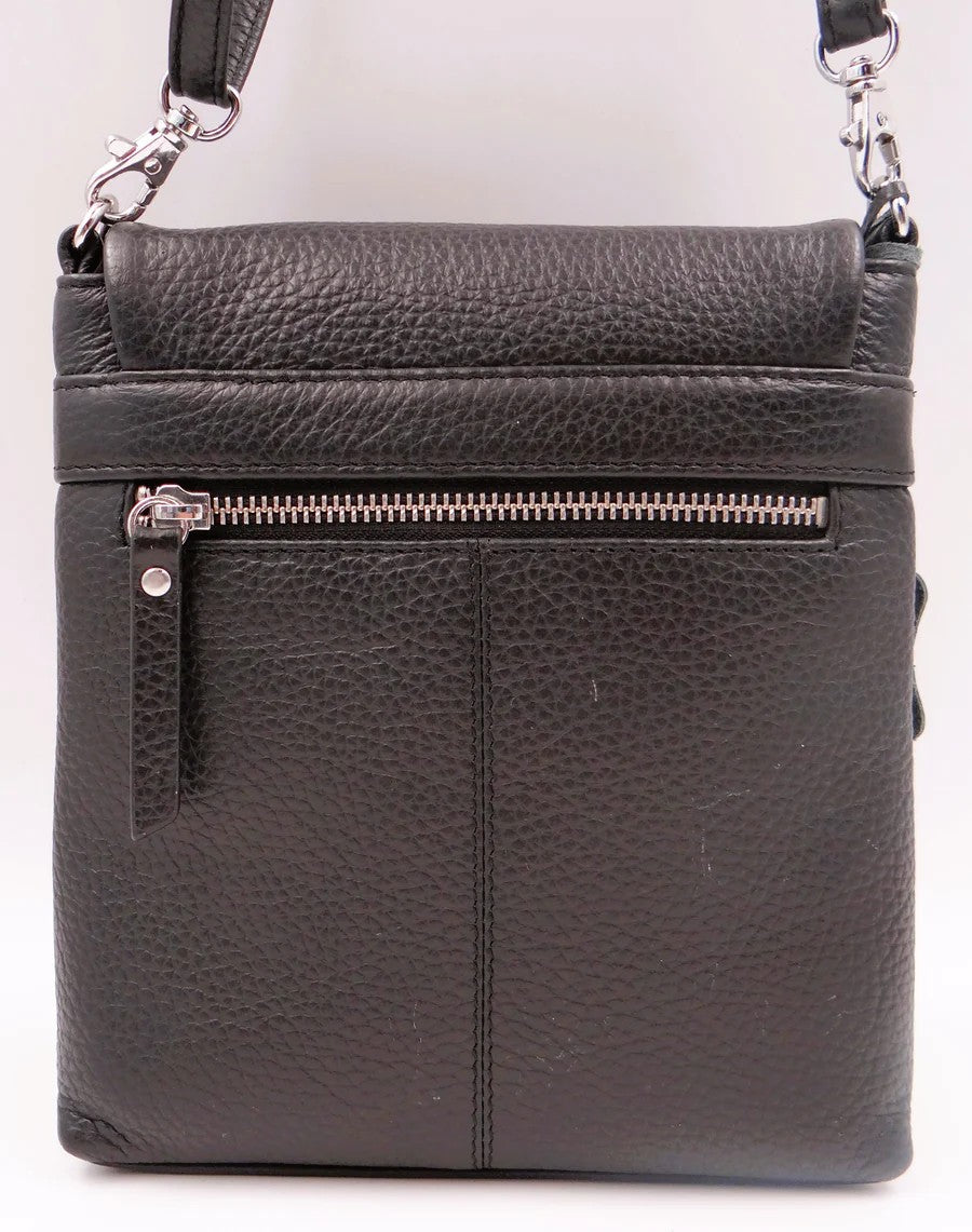 Black leather crossbody bag with a zipper on a white background