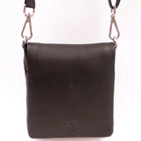 Black leather crossbody bag with a visible brand logo on a white background