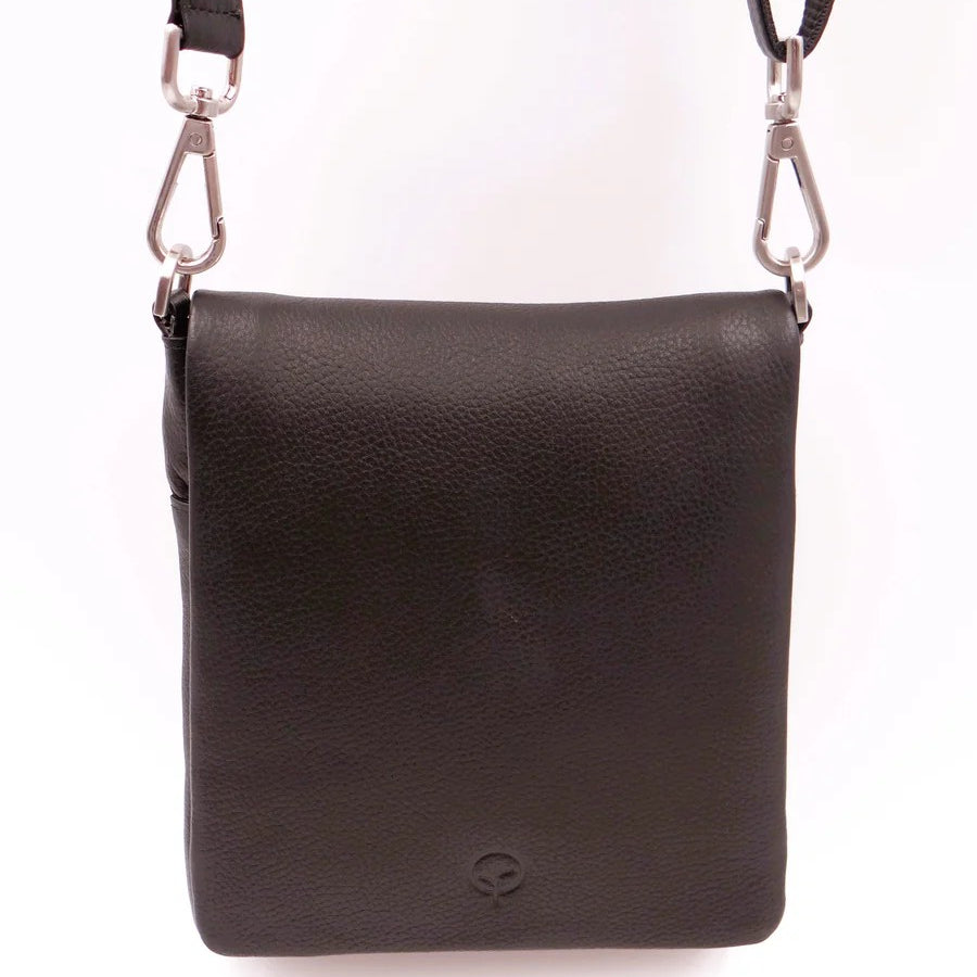 Black leather crossbody bag with a visible brand logo on a white background