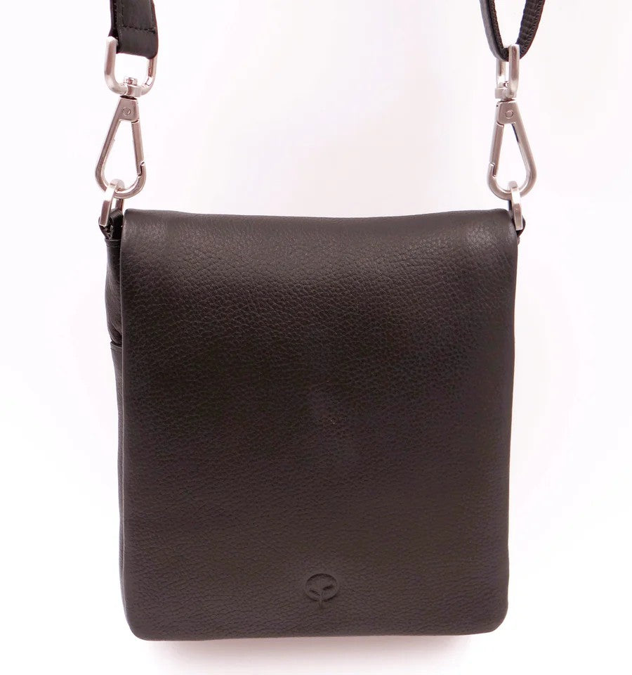 Black leather crossbody bag with a visible brand logo on a white background