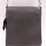 Black leather crossbody bag on a white background