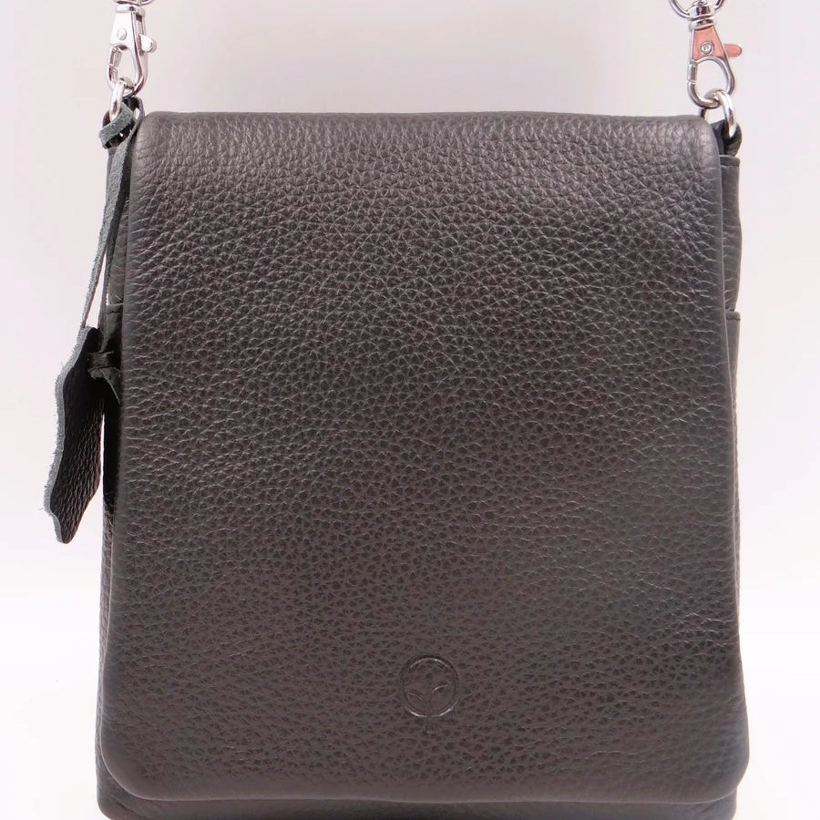 Black leather crossbody bag on a white background