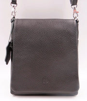 Black leather crossbody bag on a white background