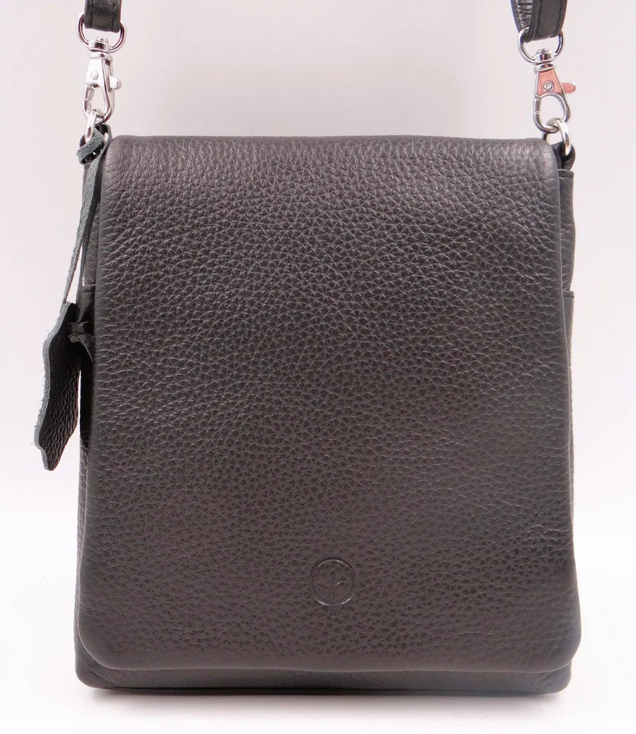 Black leather crossbody bag on a white background