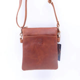 Tan leather crossbody bag with a visible brand logo on a white background