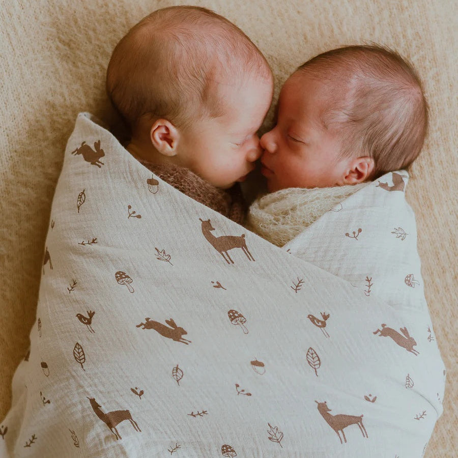 A beautiful organic muslin swaddle blanket and newborn essential from Over the Dandelions at Cerise Giftware.   Measures 120cm x 120cm, shown here in Woodlands design and large enough to swaddle twins!