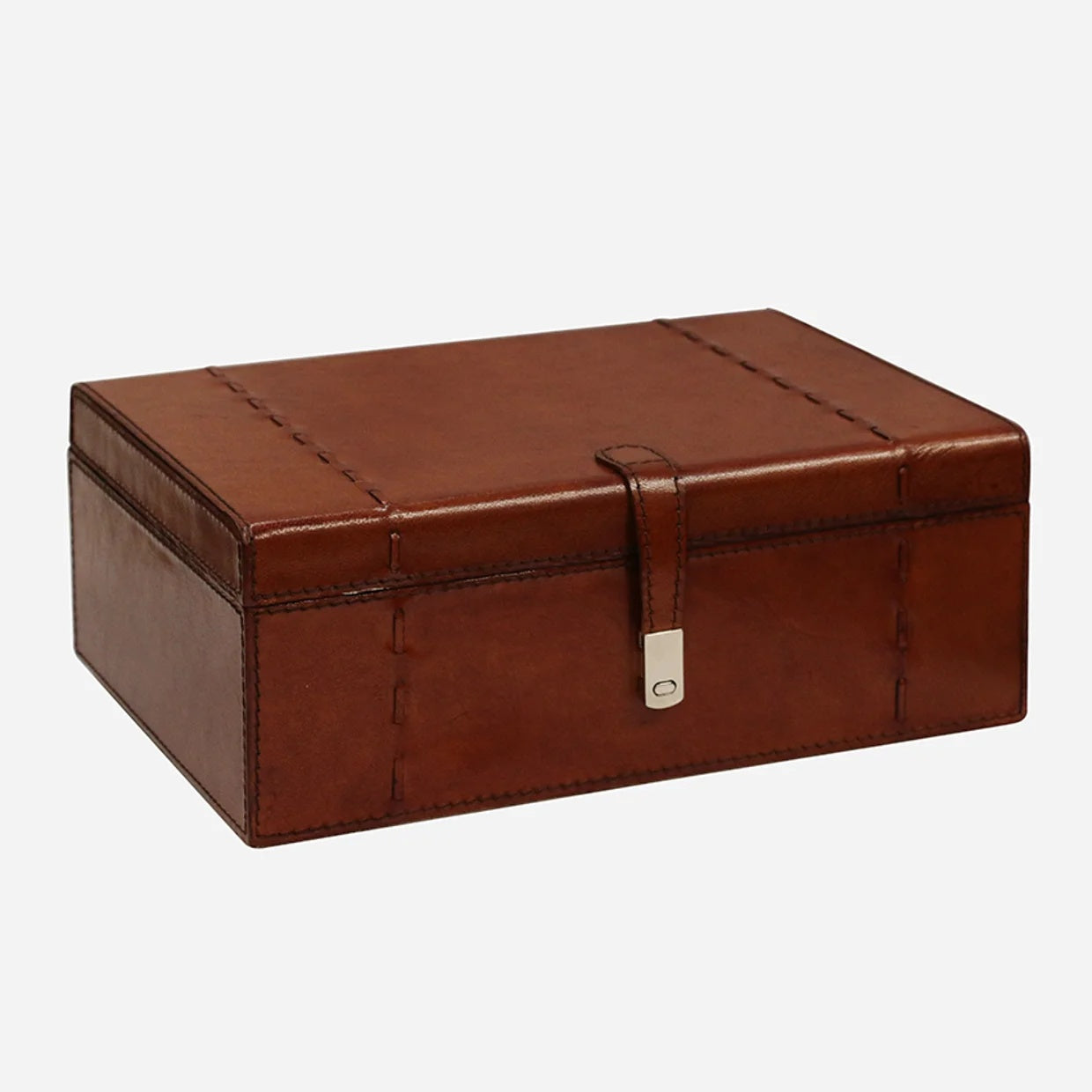 Brown Leather Box for jewellery or keepsakes with topstich detail and brass coloured clasp. Ideal milestone gift for him or her at Cerise.