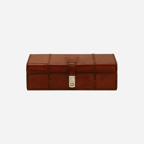 Savoy Brown Leather Jewellery Box with topstitching detail and brass coloured clip closure at Cerise