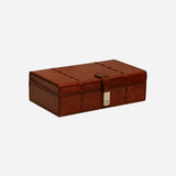 Savoy Brown Leather Jewellery Box with topstitching detail and brass coloured clip closure at Cerise
