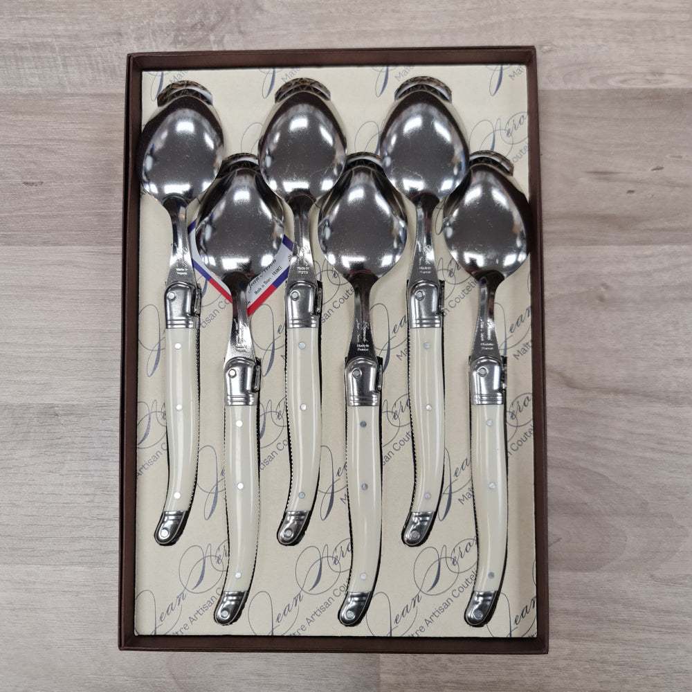 Set of 6 Laguiole Ivory handled dessert spoons with bee icon and gift boxed at Cerise NZ
