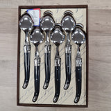 Set of 6 Laguiole by Jean Neron Black handles desert spoons with Bee icon. Presented in a gift box at Cerise NZ