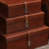 Set of three, small medium and large  stacked Savoy Brown Leather Jewellery Boxes with topstitching detail and brass coloured clip closure at Cerise