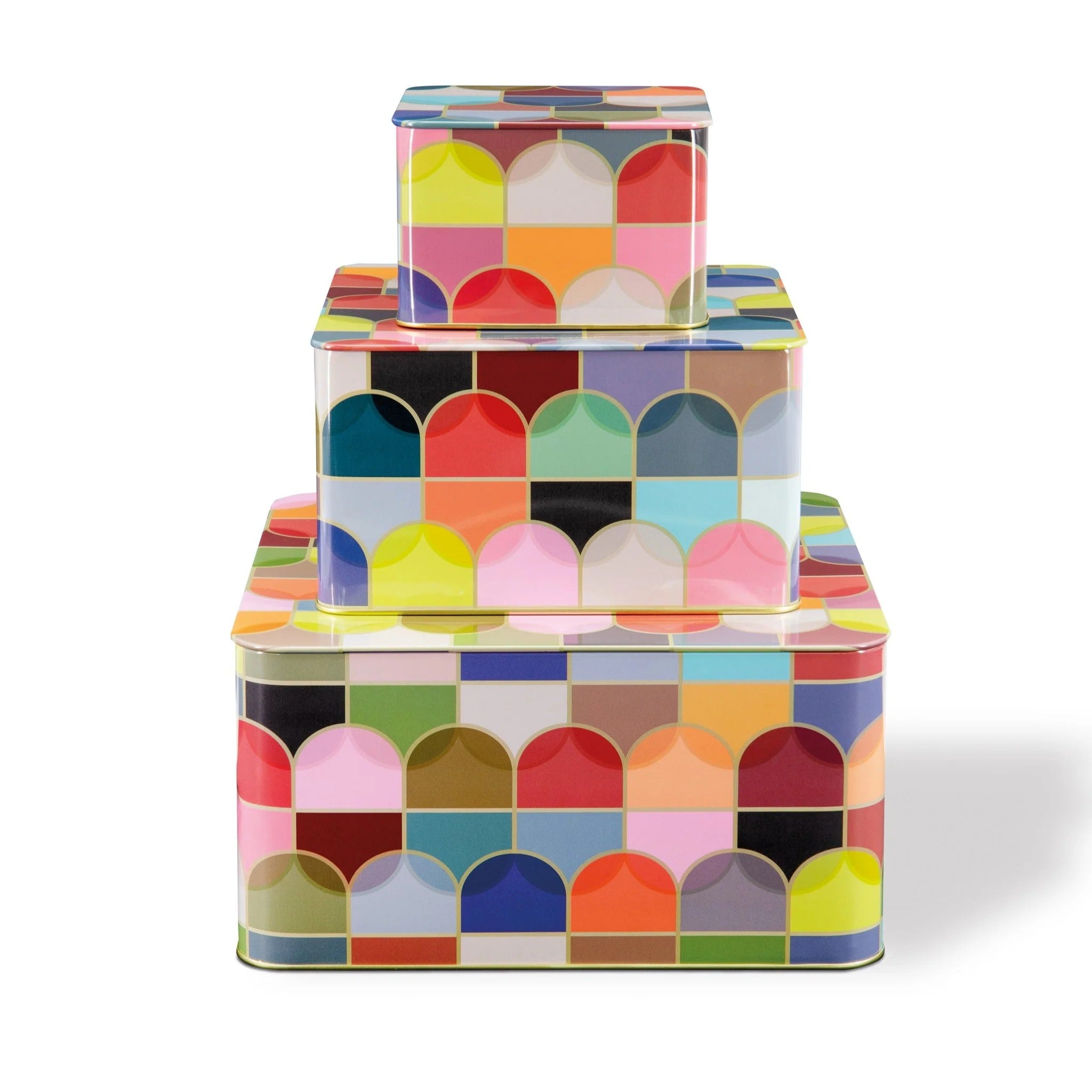 Set of 3 tins in a bright coloured geometric design called confetto
