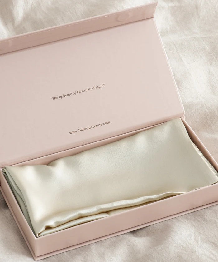 Champagne coloured silk pillowcase in gift box
