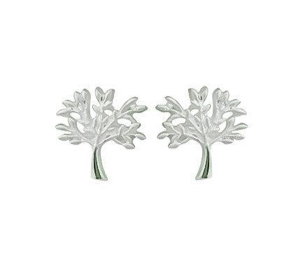 Pair of silver earring studs featuring a tree in matte silver finish