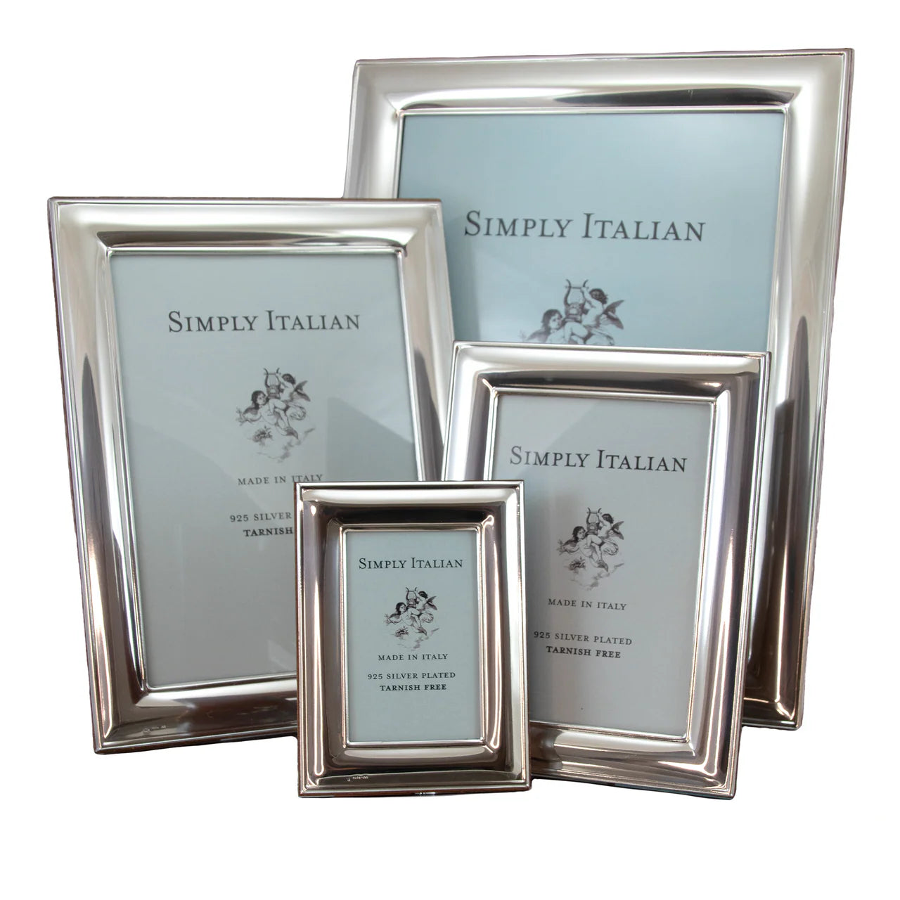 Showing four sizes of silver photo frames
