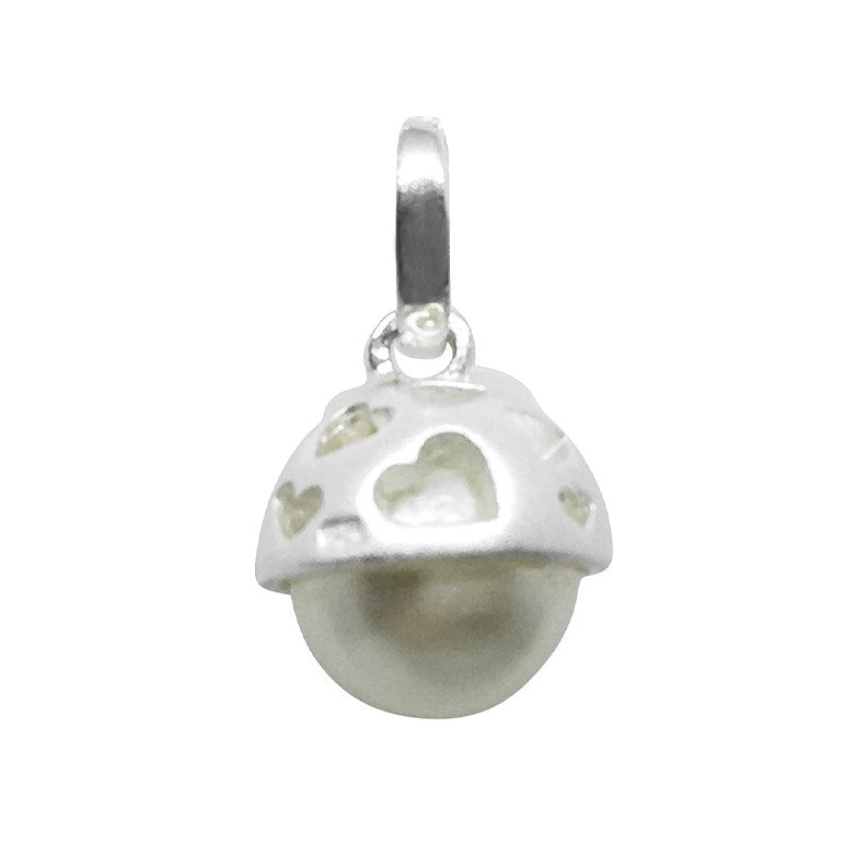 Sterling silver pearl pendant, half of which is encased in a silver shell with engraved hearts.  Comes with a 45cm silver chain