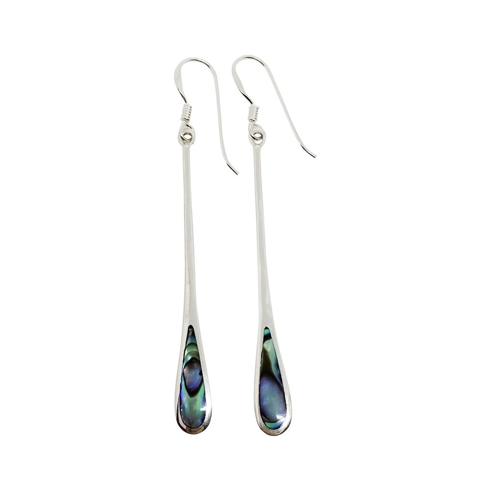 Sterling silver hook earrings in the design of a Waka paddle and inlaid with paua.
