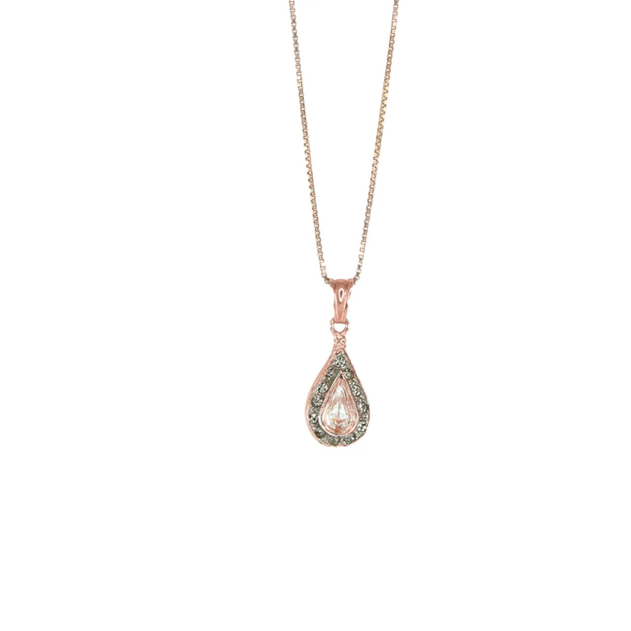 Simply Italian Bright Crystal Teardrop Pendant on a 45cm Chain.  Made from a sterling silver base and plated in 18K Rose Gold with stunning swarovski crystal.  Comes Giftboxed at Cerise.