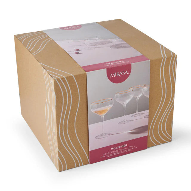 Sorrento Coupe stylee ribbed glasses with gold rim in a set of 4