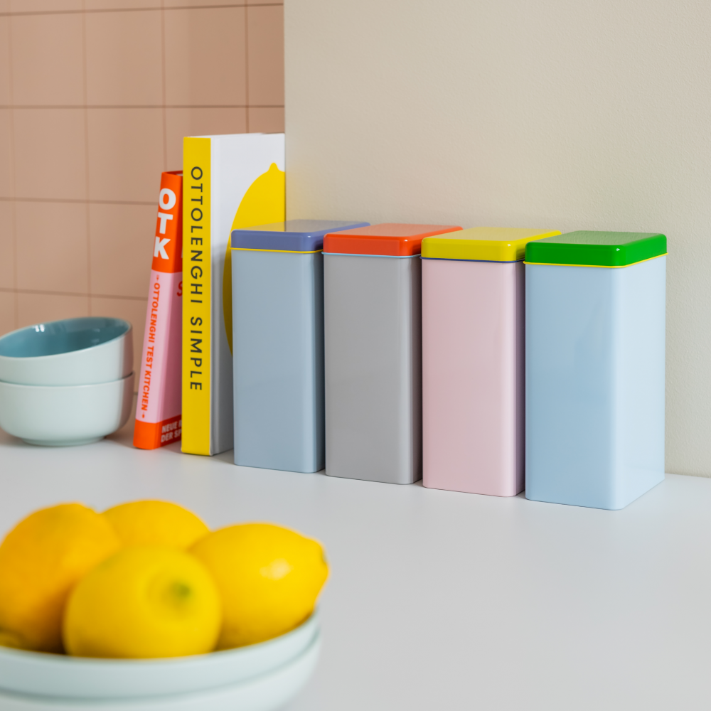 Set of 4 Coloured Storage Tins to keep your pantry or laundry organised 