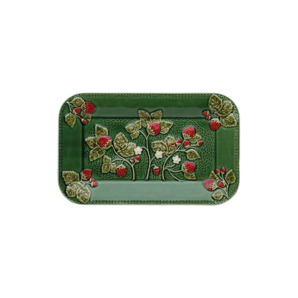 Green ceramic tray with red strawberries and white flowers