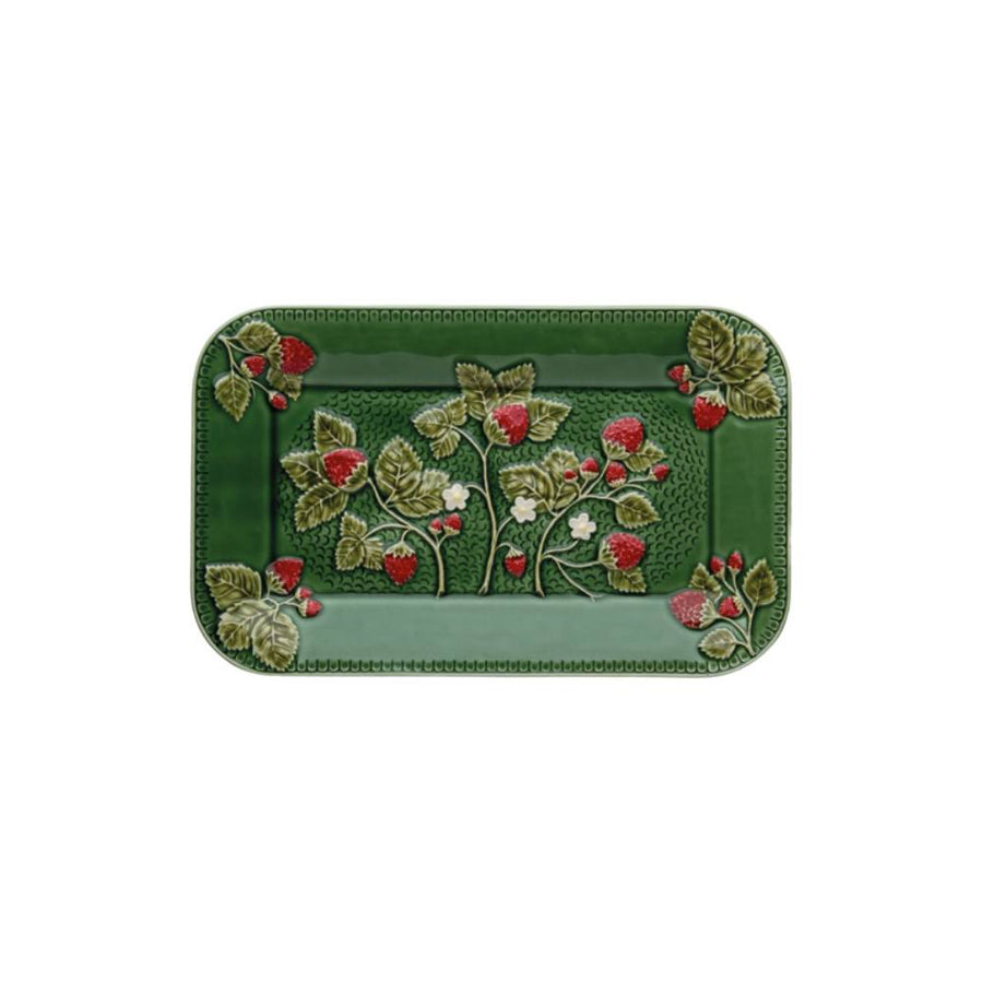 Green ceramic tray with red strawberries and white flowers