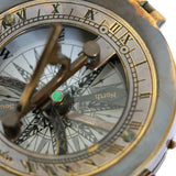 Close up view of Vintage style sundial with compass made from brass.  A functional and classic gift at Cerise