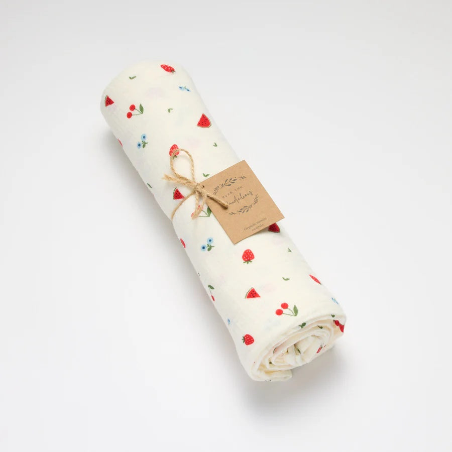 A beautiful organic muslin swaddle blanket and newborn essential from Over the Dandelions at Cerise Giftware.   Measures 120cm x 120cm, shown here in sweet pickings design.