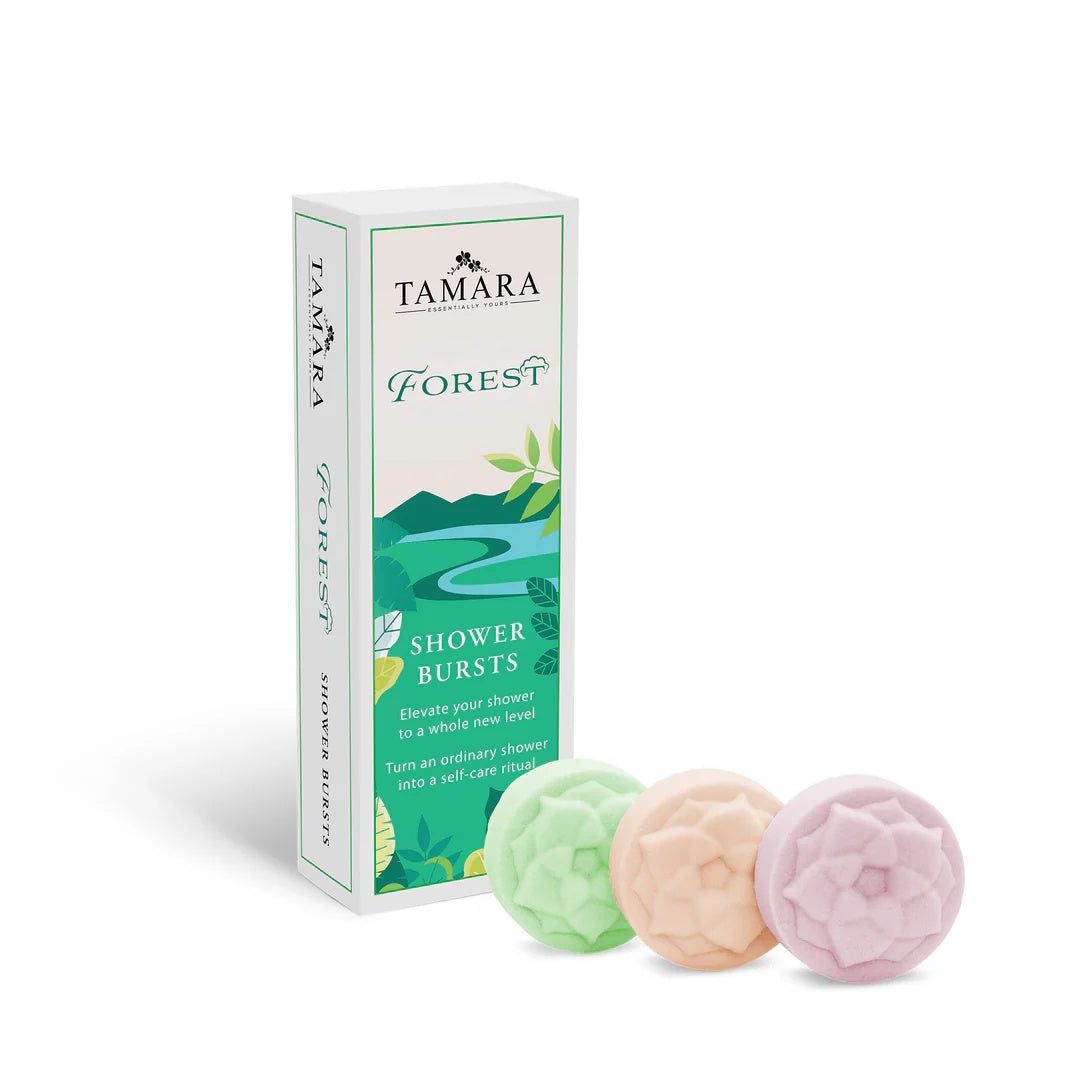 Tamara Box of 3 Shower Bursts in Forest Fragrance at Cerise.  Infuse your shower with nature's calm in just minutes with three earthy scents:

Manuka: Herbaceous and spicy, sweet for instant calm.
Teak: Warm teakwood, rosemary, and a hint of neroli.
Bay: Blackberry, bay leaf, and soft musk for comfort.
One of each scent included in the box.