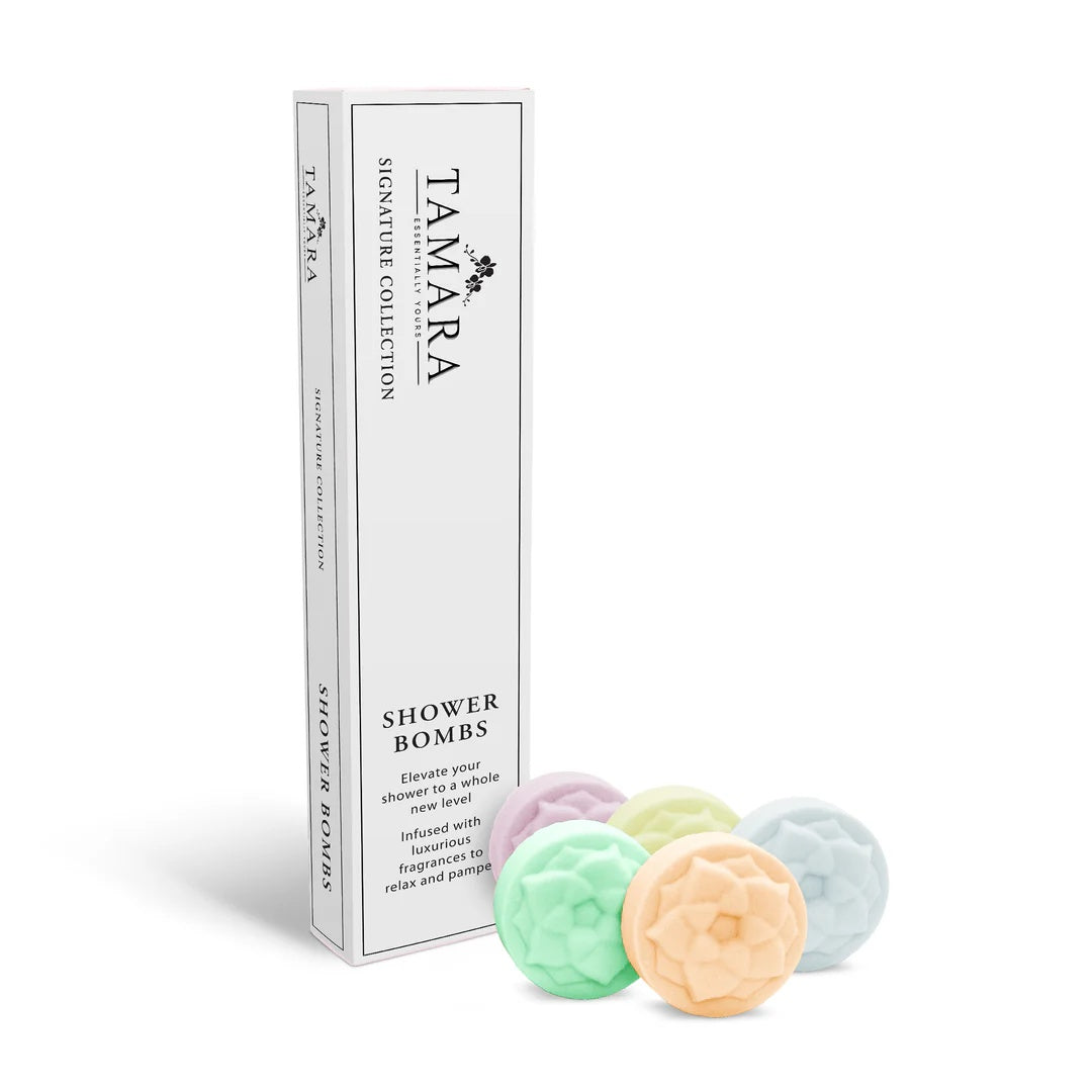 Tamara Signature Collection Shower Bombs set of 5 gift boxed at Cerise NZ.  Includes one each of the following fragrances - 
Invigorate: Grapefruit, lime &amp; mandarin.
Serenity: Lavender, bergamot &amp; neroli.
Breathe: Cooling menthol.
Relax: Lemon balm, lime &amp; vetiver.
Clarity: Peppermint &amp; eucalyptus.