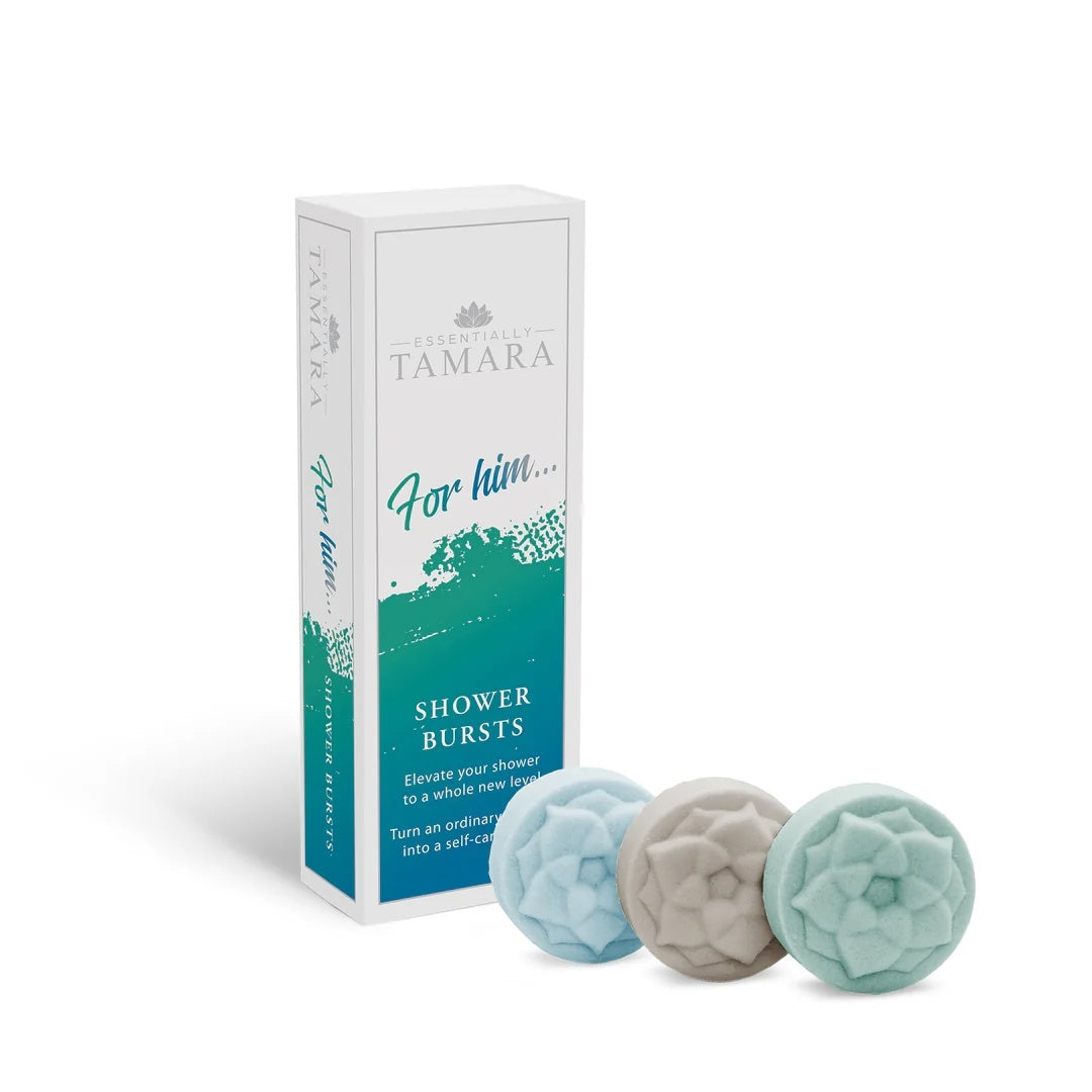 Tamara "Just for HIm" Shower Bursts in a gift boxed set of 3 at Cerise.
A refined trio of bold, modern scented Shower Bursts, designed for shorter showers with long-lasting, masculine fragrance.
