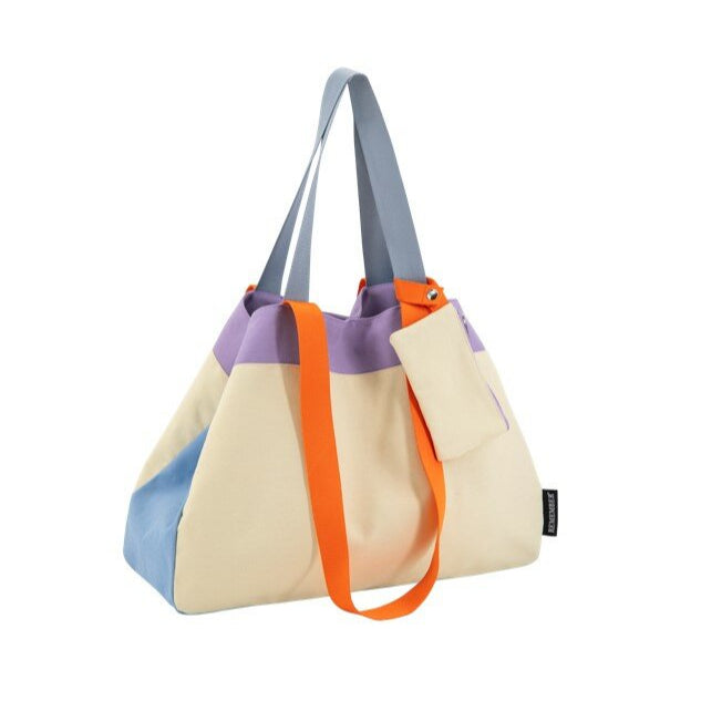 Cream, mauve and blue canvas bag with grey and orange handles