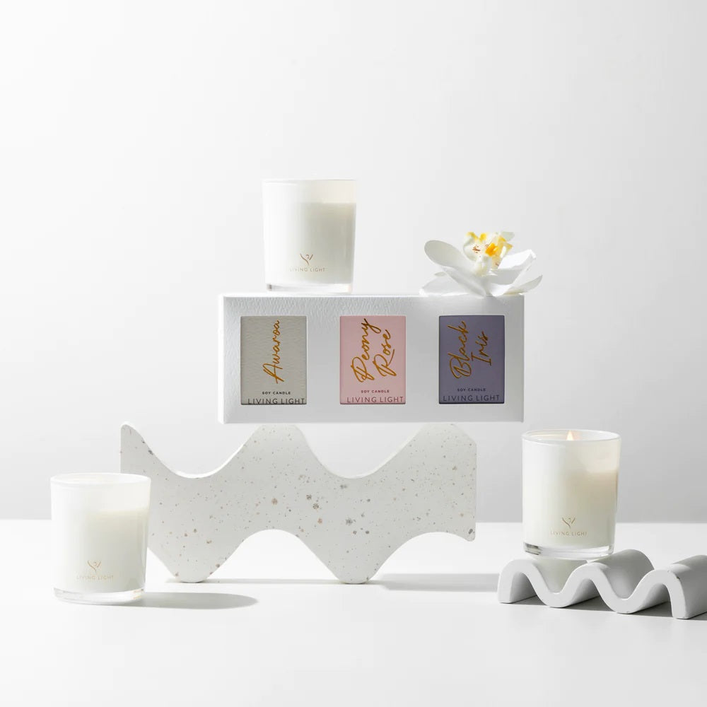 Living Light candle gift set of 3 mini soy candles in Awaroa, Peony Rose, and Black Iris