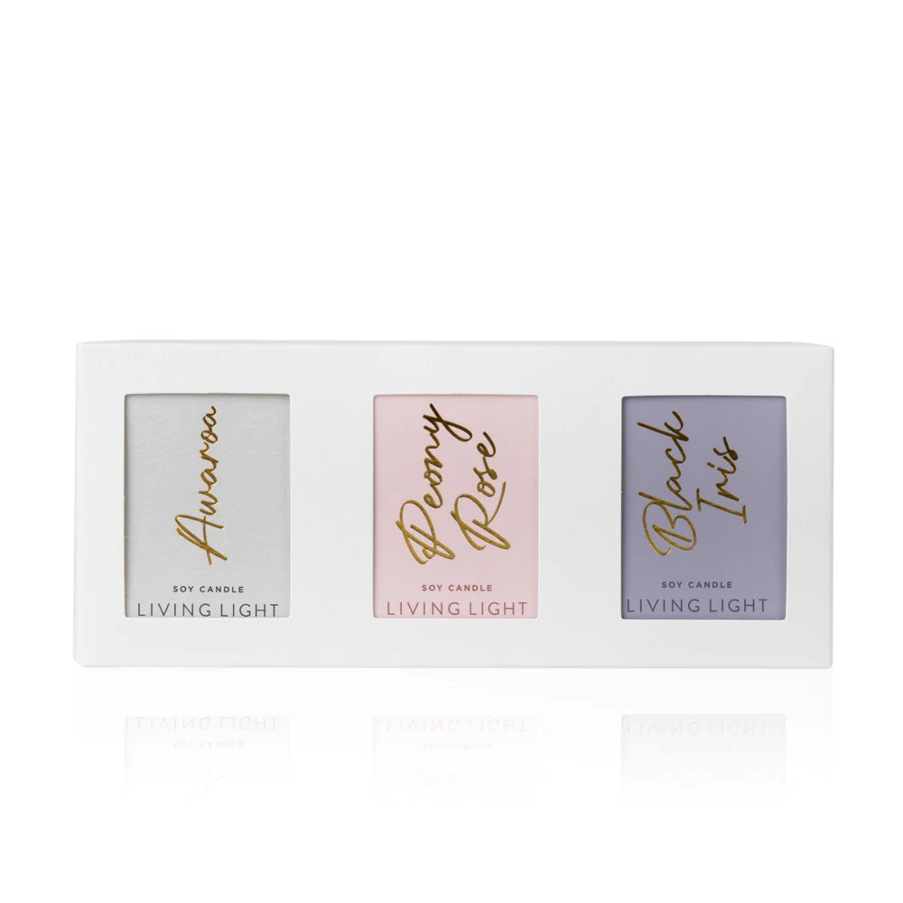 Living Light candle gift set of 3 mini soy candles in Awaroa, Peony Rose, and Black Iris