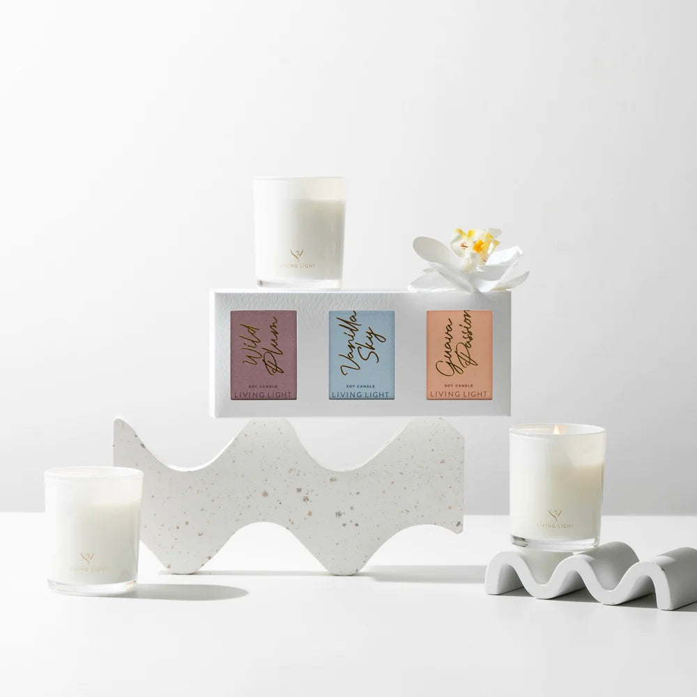 Living Light candle gift set of 3 mini soy candles in Wild Plum. Vanilla Sky and Guava Passion