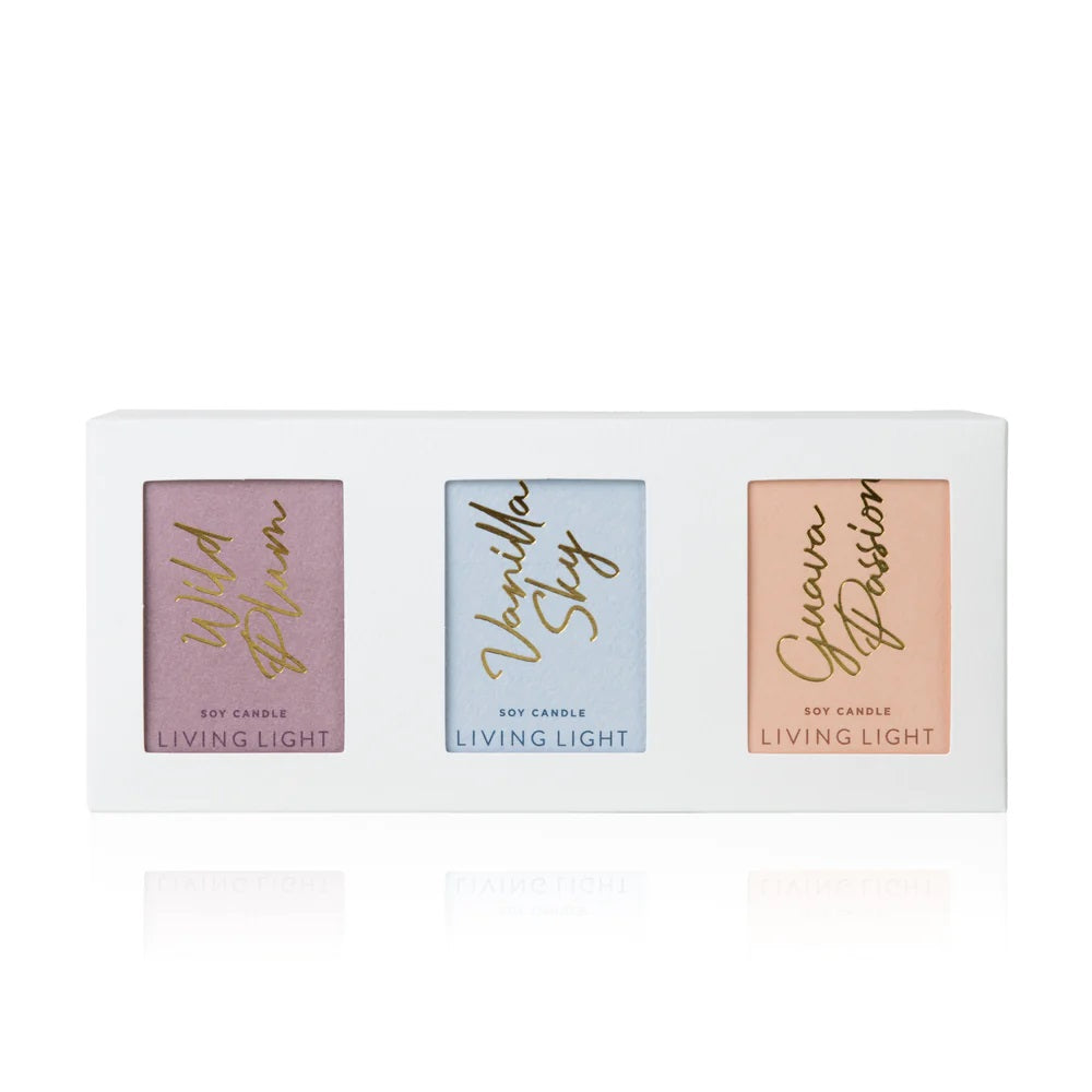 Living Light candle gift set of 3 mini soy candles in Wild Plum. Vanilla Sky and Guava Passion
