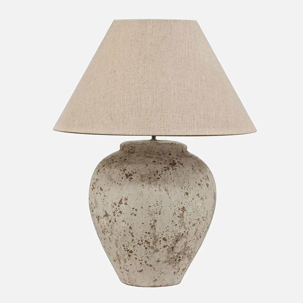 Tuscan style lamp base made from terracotta and finished in a grey  cement look. shown here with the biscotti 51cm lampshade at Cerise