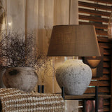Tuscan Style Stone look lamp base, made from terracotta with a grey stone look finish. Base only, the lampshade is sold seperately, shown here with a  tapered drum shade at Cerise, available for pick up.