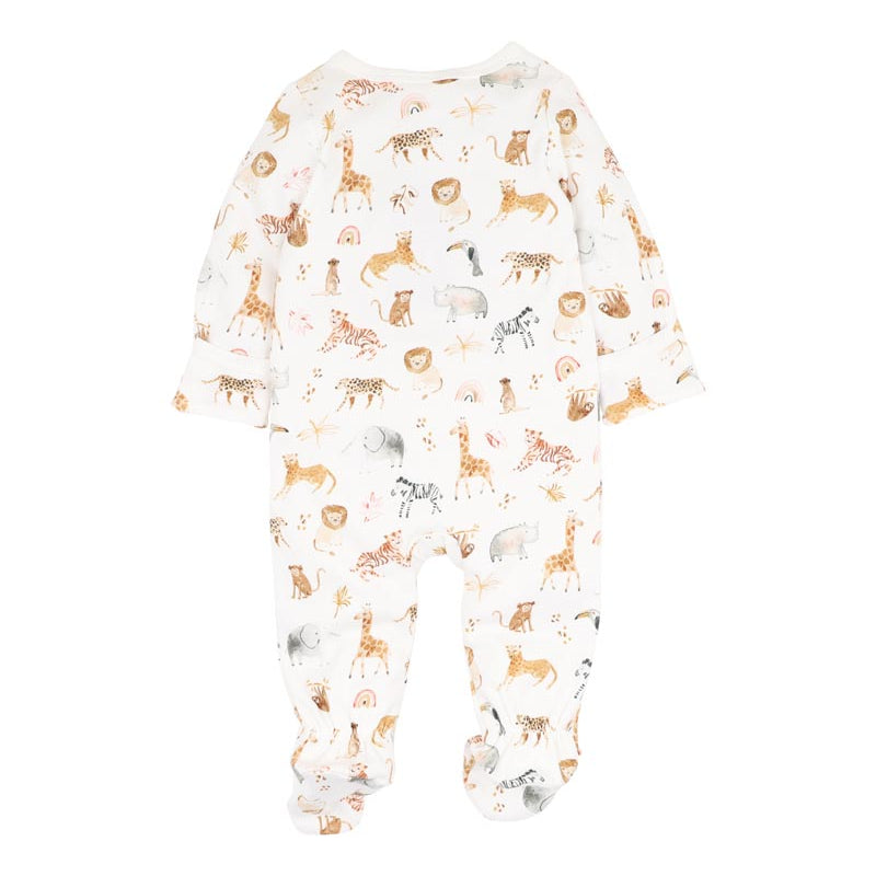 Baby onesie with animal pattern on a white background