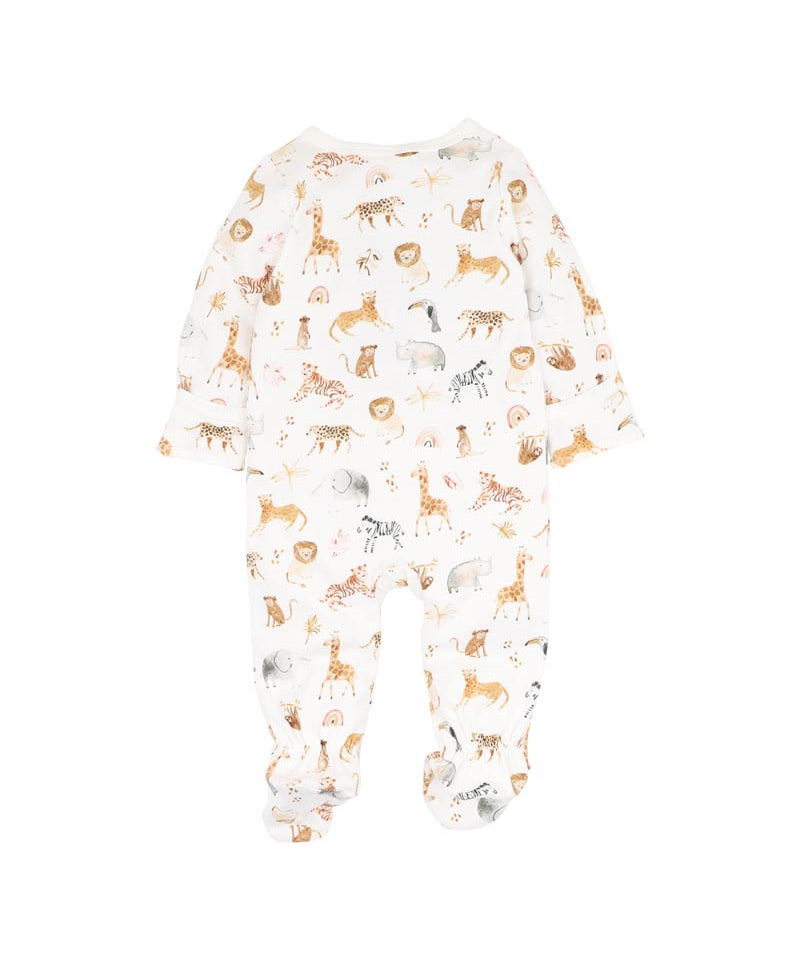 Baby onesie with animal pattern on a white background