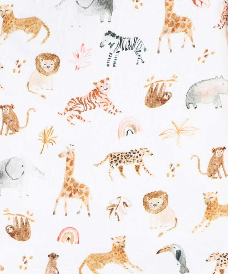 Pattern of various safari animals on a white background